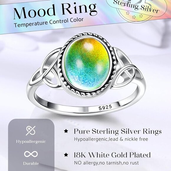 925 Sterling Silver Mood Ring for Women Vintage Celtic Knot Rings Jewelry 18K Wh - Picture 6 of 9
